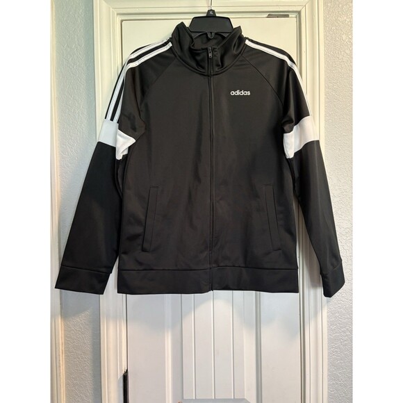 Adidas Track Jacket Boys Youth Size Large 14/16 Black White 3 Stripe Zip Up - Picture 1 of 8